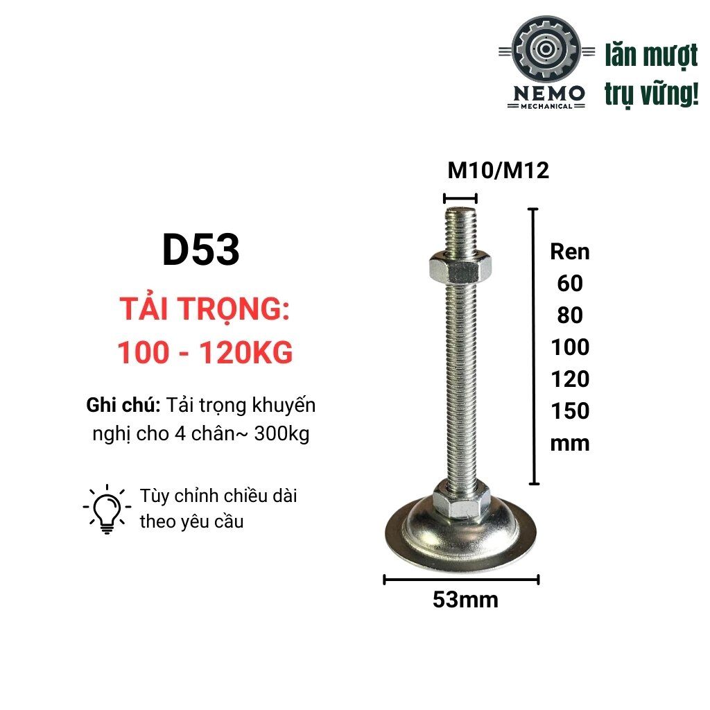 Chân tăng chỉnh đế thép, M10-M16, bulong 60mm-150mm tải 90kg-150kg cho giá kệ, bàn thao tác